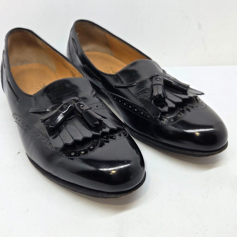 Salvatore Ferragamo Mens Black Leather Kilted Tassel Loafers Size US 7.5 D